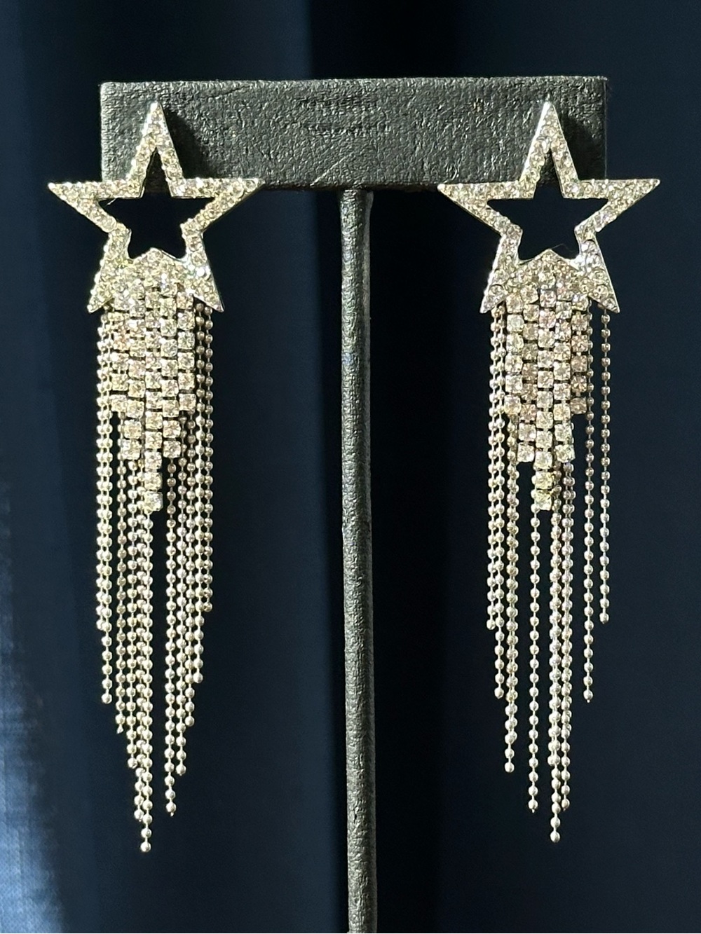 Y2K Rhinestone Star Fringe Tassel Post Earrings McBling Rockstar Showgirl Punk - Picture 2 of 4